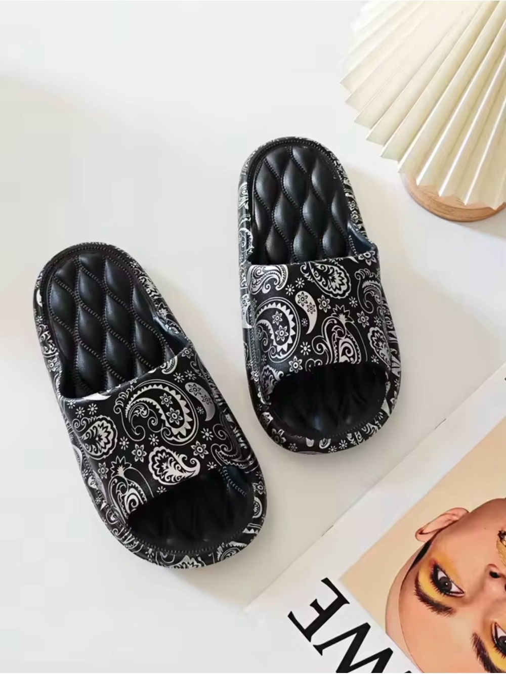 Black Paisley Slide Slippers | Padded Comfort Cloud Slides - Picture 2 of 5
